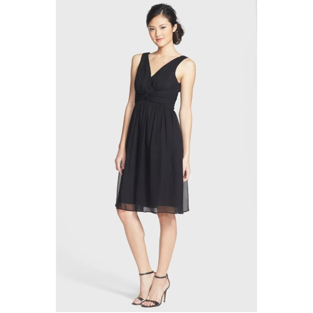 New Donna Morgan 8 Silk Party Dress Black Chiffon Twist Waist Sleeveless V-neck